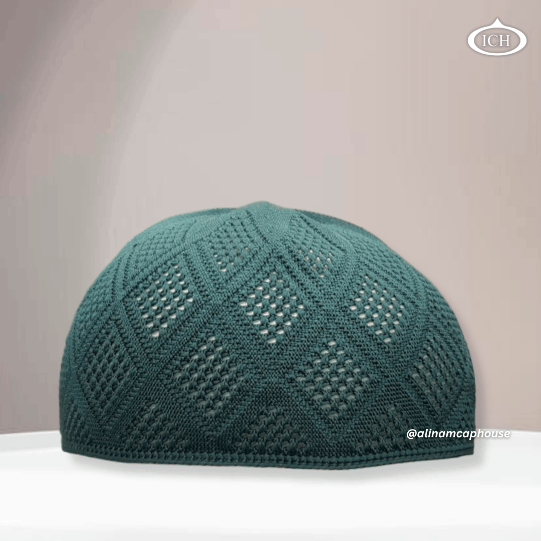 N11 dark green Turkish knitted cap, Islamic prayer cap, front view, soft breathable fabric, textured knit, AL INAM CAP HOUSE