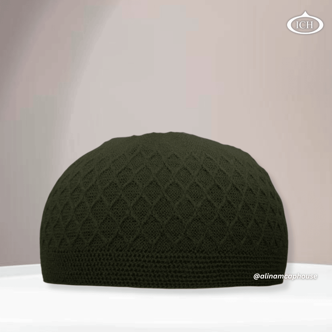 ICH Turkish knitted cap dark green, Islamic prayer cap, front view, soft breathable fabric, textured design, AL INAM CAP HOUSE