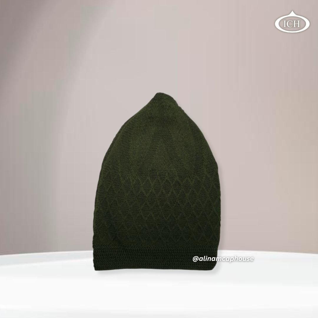 ICH Turkish knitted cap dark green, Islamic prayer cap, side view, snug fit, handcrafted detail, AL INAM CAP HOUSE