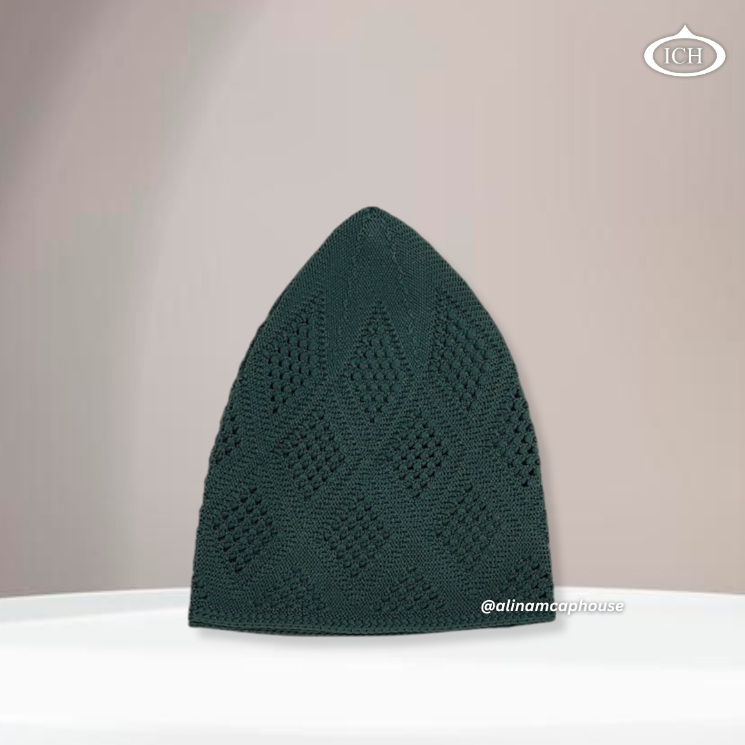 N11 dark green Turkish knitted cap, Islamic prayer cap, side view, snug fit, handcrafted detail, AL INAM CAP HOUSE