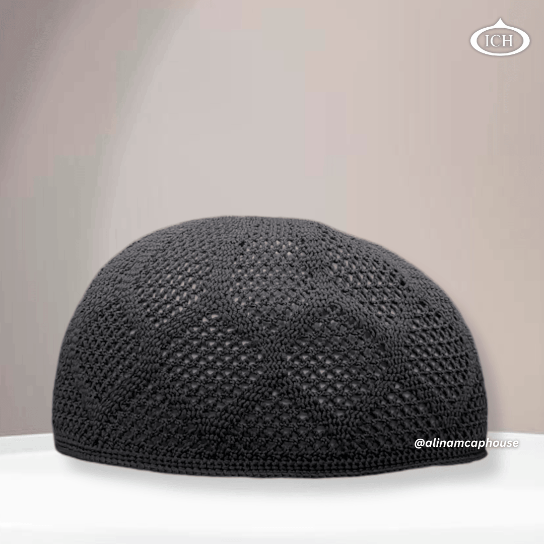 N05 dark grey, Islamic prayer cap, front view, soft breathable fabric, textured design, AL INAM CAP HOUSE