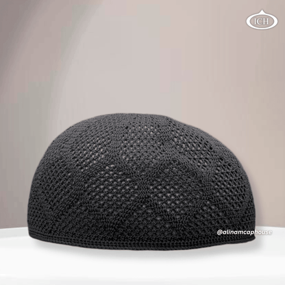 N05 dark grey, Islamic prayer cap, front view, soft breathable fabric, textured design, AL INAM CAP HOUSE