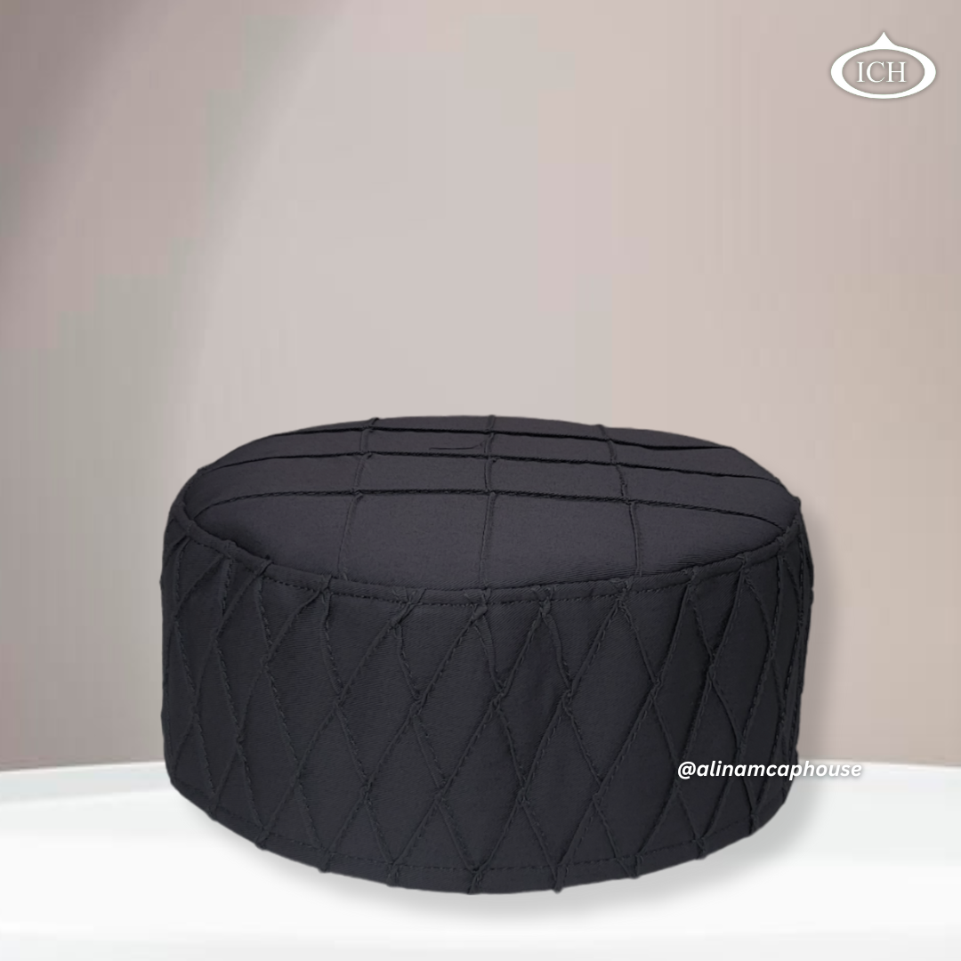 Al Inam Cap dark grey, premium Islamic cap, angled view, tradition and devotion, AL INAM CAP HOUSE
