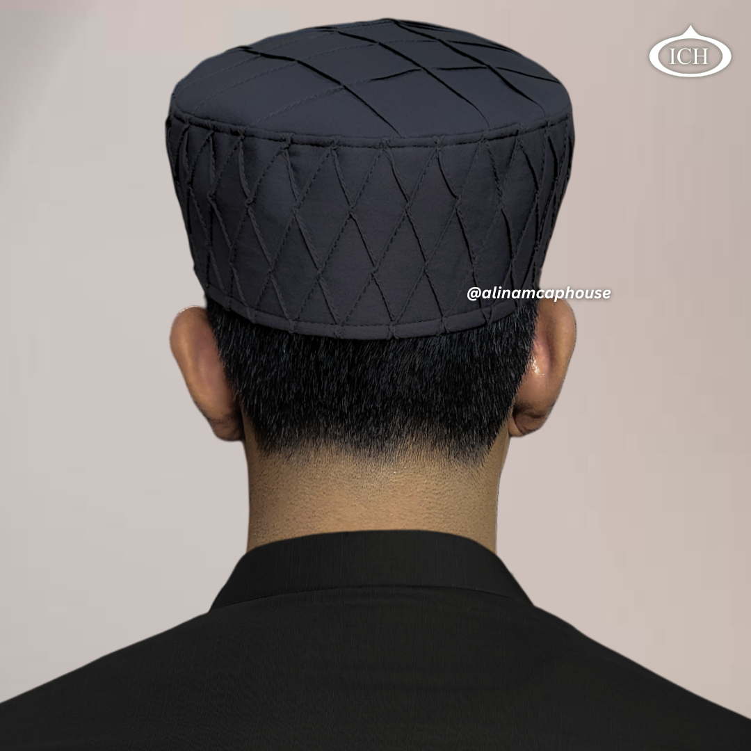 Al Inam Cap dark grey, Islamic prayer wear, back view, handcrafted detail, AL INAM CAP HOUSE