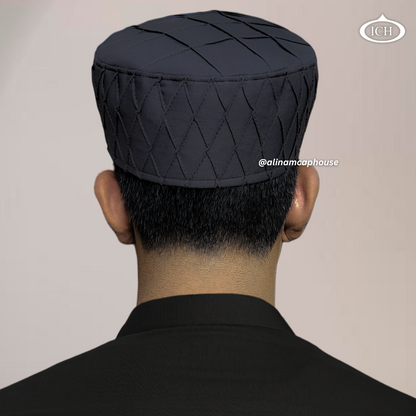 Al Inam Cap dark grey, Islamic prayer wear, back view, handcrafted detail, AL INAM CAP HOUSE