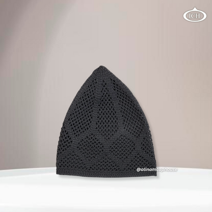 N05 dark grey, Islamic prayer cap, side view, snug fit, fine detailing, AL INAM CAP HOUSE