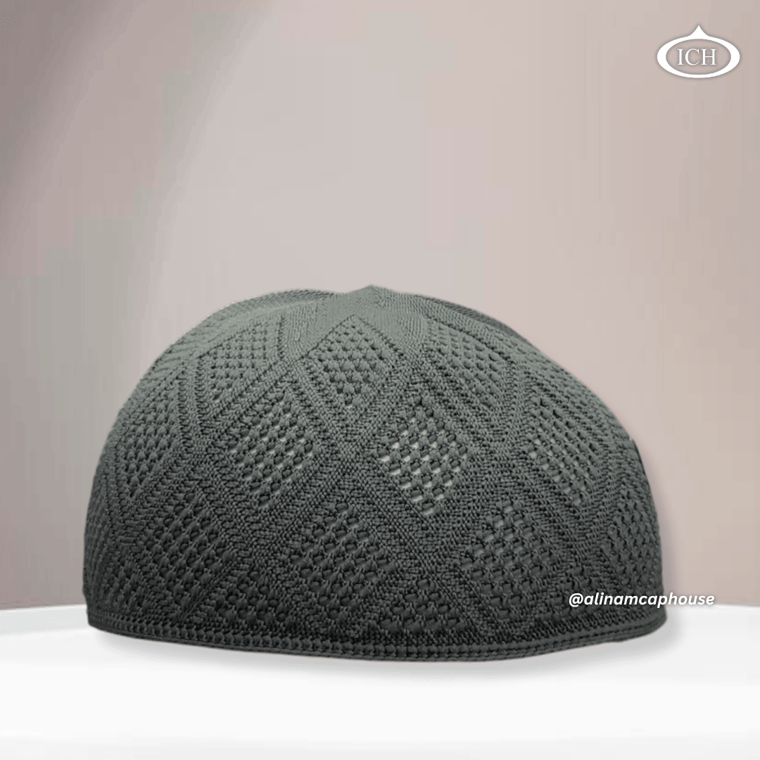N11 dark grey Turkish knitted cap, Islamic prayer cap, front view, soft breathable fabric, knit texture, AL INAM CAP HOUSE