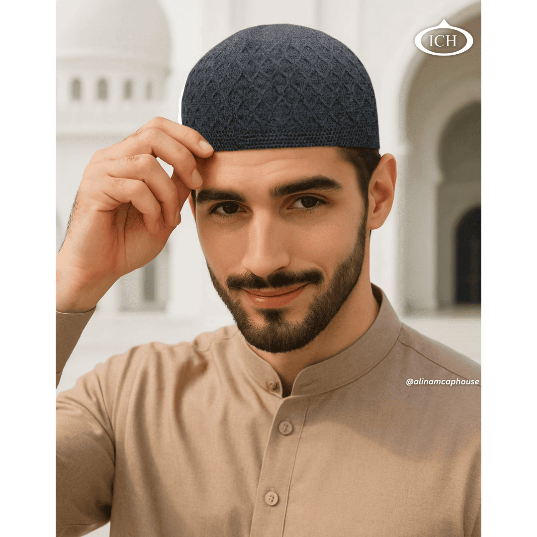 ICH Turkish knitted cap dark grey, Islamic prayer cap, angled view on model, elegant textured design, comfortable fit, AL INAM CAP HOUSE