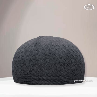ICH Turkish knitted cap dark grey, Islamic prayer cap, front view, soft breathable fabric, textured design, AL INAM CAP HOUSE