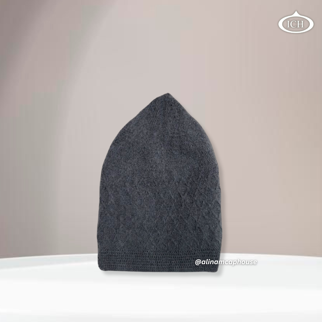 ICH Turkish knitted cap dark grey, Islamic prayer cap, side view, snug fit, handcrafted detail, AL INAM CAP HOUSE