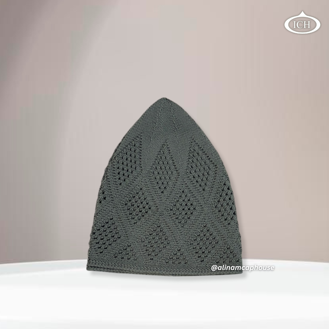N11 dark grey Turkish knitted cap, Islamic prayer cap, side view, snug fit, detailed stitching, AL INAM CAP HOUSE