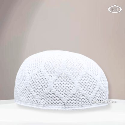 N05 dove white, Islamic prayer cap, front view, soft breathable fabric, gentle texture, AL INAM CAP HOUSE