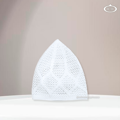 N05 dove white, Islamic prayer cap, side view, snug fit, intricate detail, AL INAM CAP HOUSE