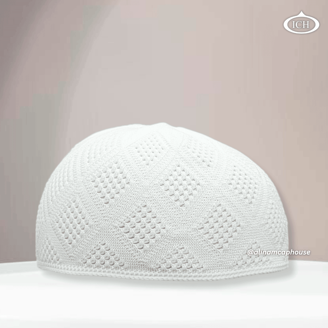 N11 dove white Turkish knitted cap, Islamic prayer cap, front view, soft breathable fabric, fine knit texture, AL INAM CAP HOUSE
