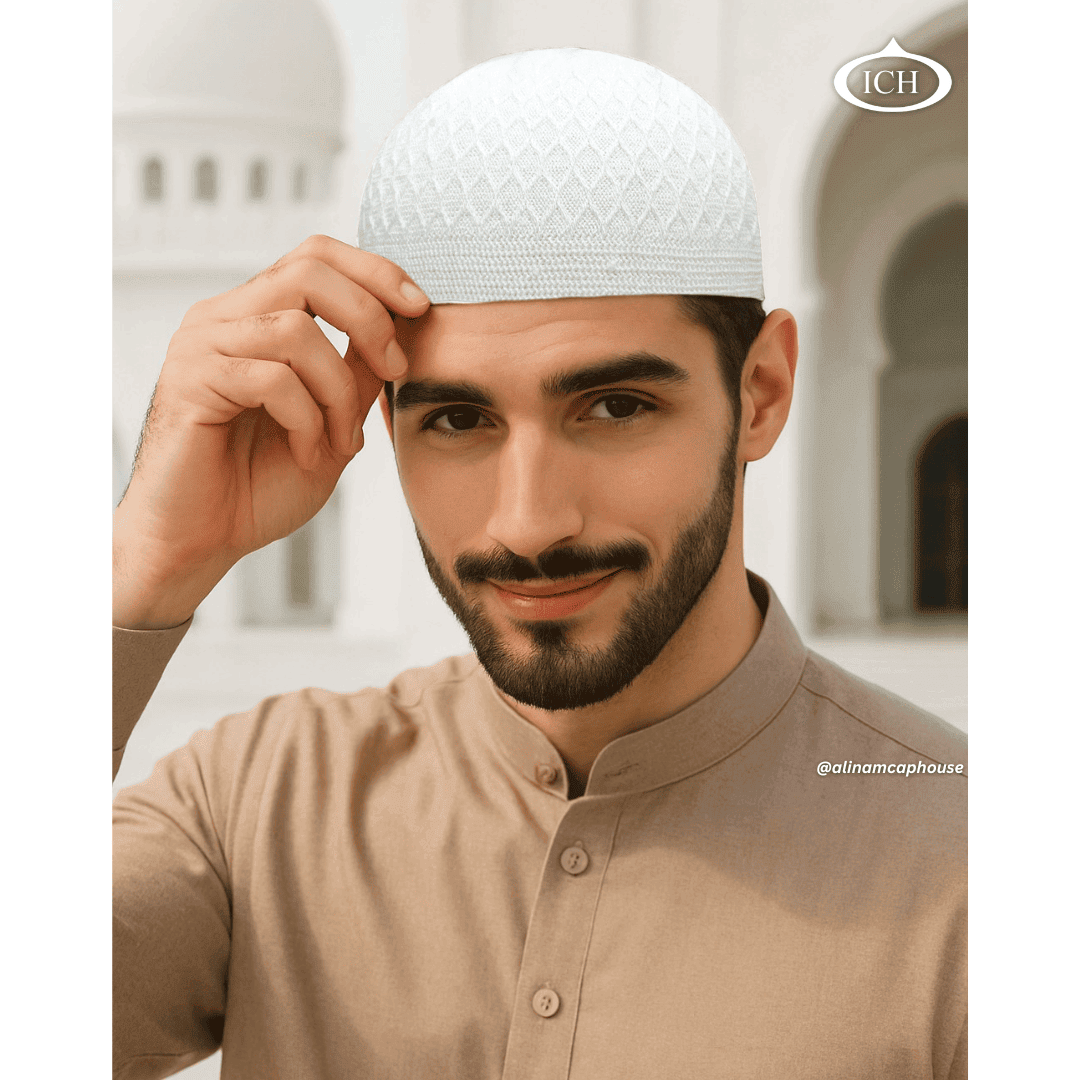 ICH Turkish knitted cap dove white, Islamic prayer cap, angled view on model, elegant textured design, comfortable fit, AL INAM CAP HOUSE