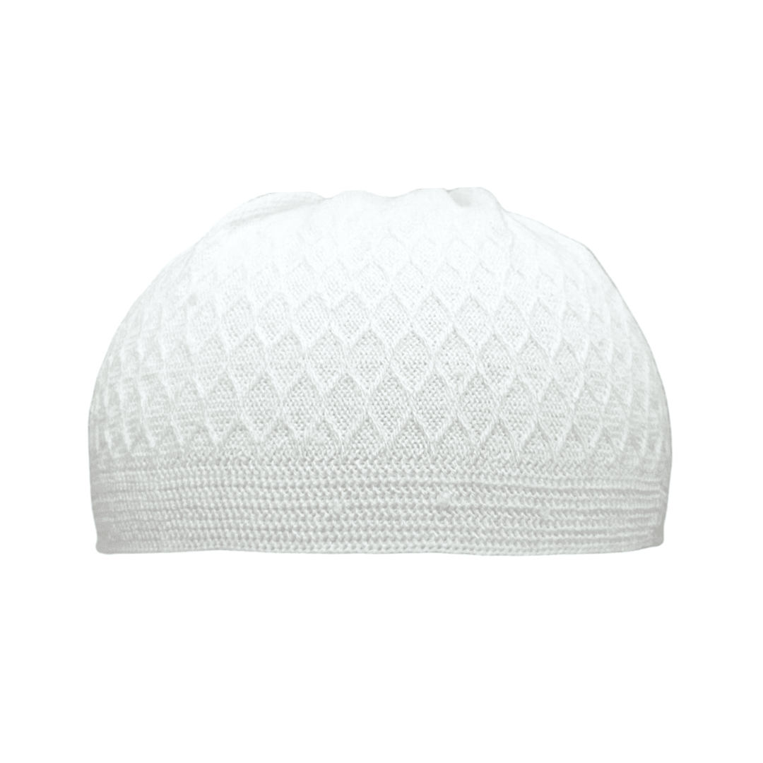 ICH Turkish knitted cap dove white, Islamic prayer cap, front view, soft breathable fabric, textured design, AL INAM CAP HOUSE