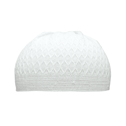 ICH Turkish knitted cap dove white, Islamic prayer cap, front view, soft breathable fabric, textured design, AL INAM CAP HOUSE