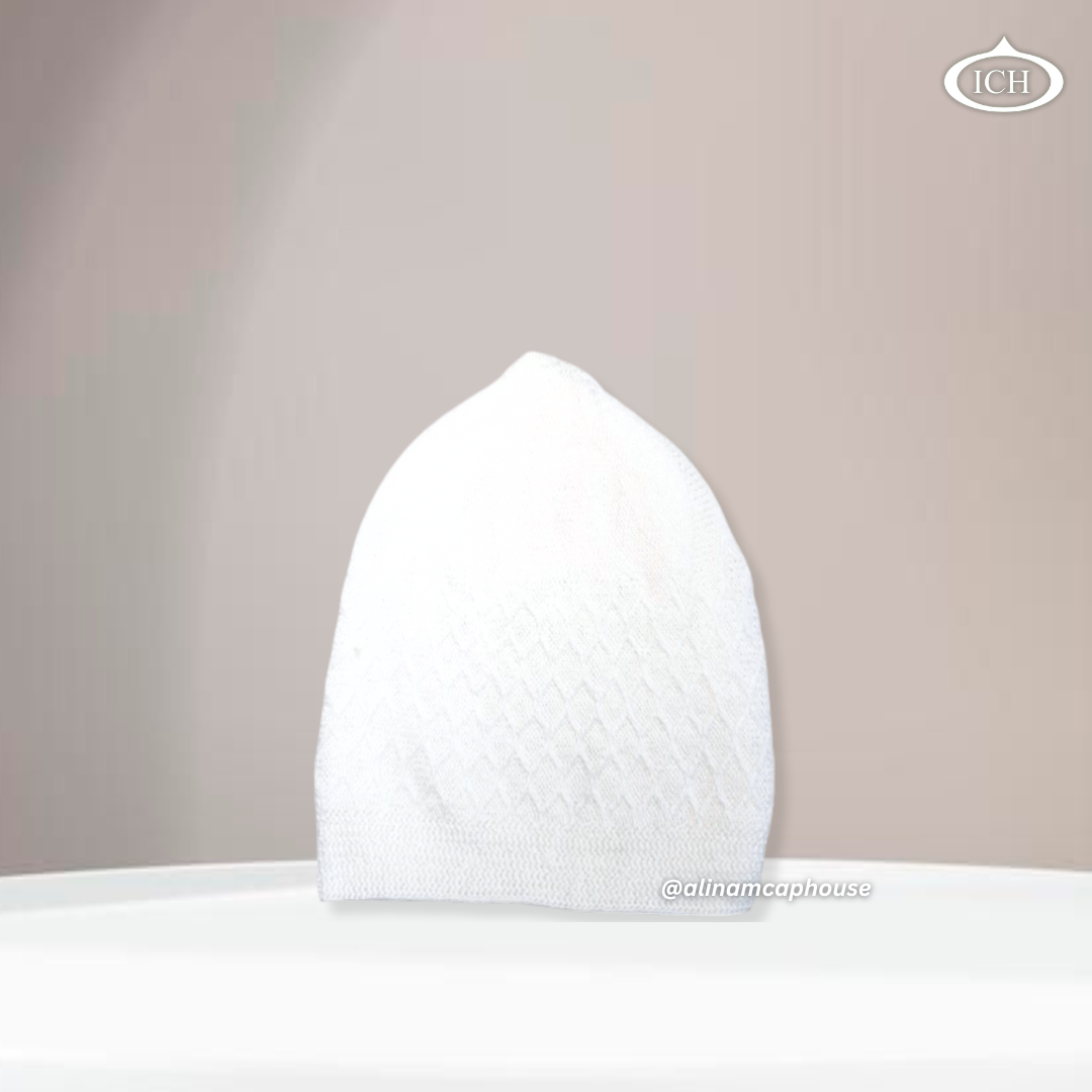 ICH Turkish knitted cap dove white, Islamic prayer cap, side view, snug fit, handcrafted detail, AL INAM CAP HOUSE