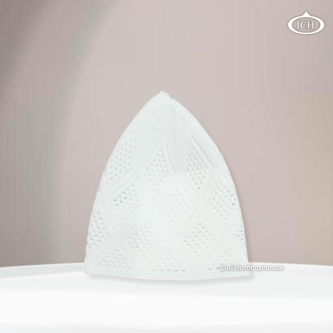 N11 dove white Turkish knitted cap, Islamic prayer cap, side view, snug fit, delicate detail, AL INAM CAP HOUSE