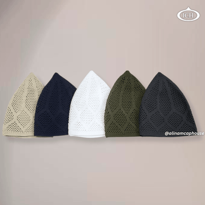 N05 dove white, Islamic prayer cap, snug fit, intricate detail, AL INAM CAP HOUSE