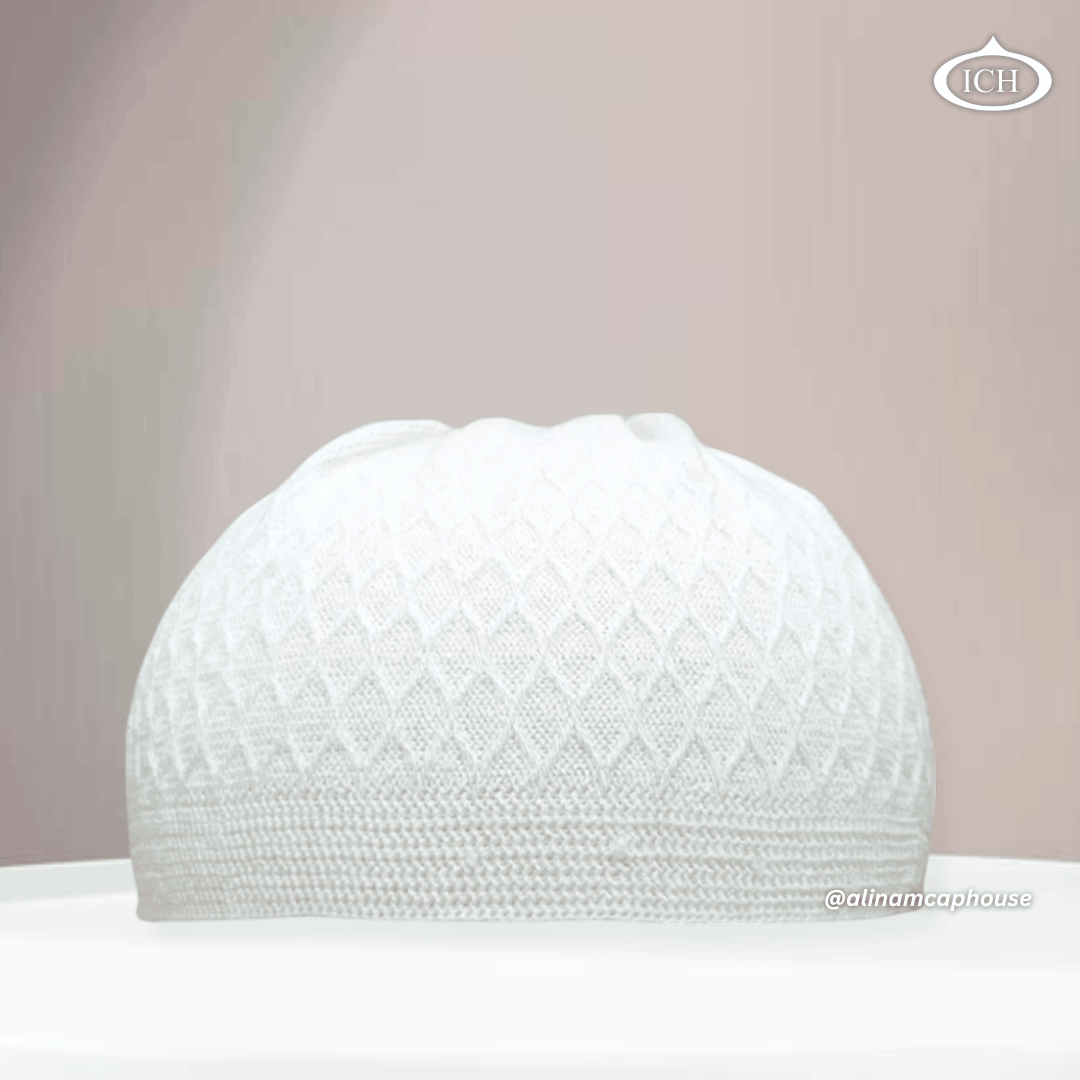 ICH Turkish knitted cap dove white, Islamic prayer cap, front view, soft breathable fabric, textured design, AL INAM CAP HOUSE