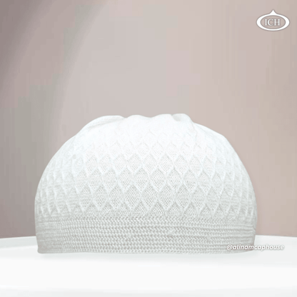 ICH Turkish knitted cap dove white, Islamic prayer cap, front view, soft breathable fabric, textured design, AL INAM CAP HOUSE