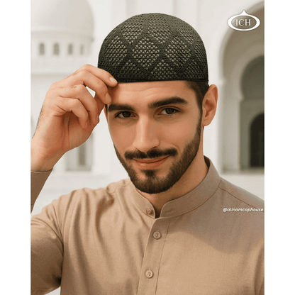 N05 green, Islamic prayer cap, angled view on model, refined design, comfortable fit, AL INAM CAP HOUSE
