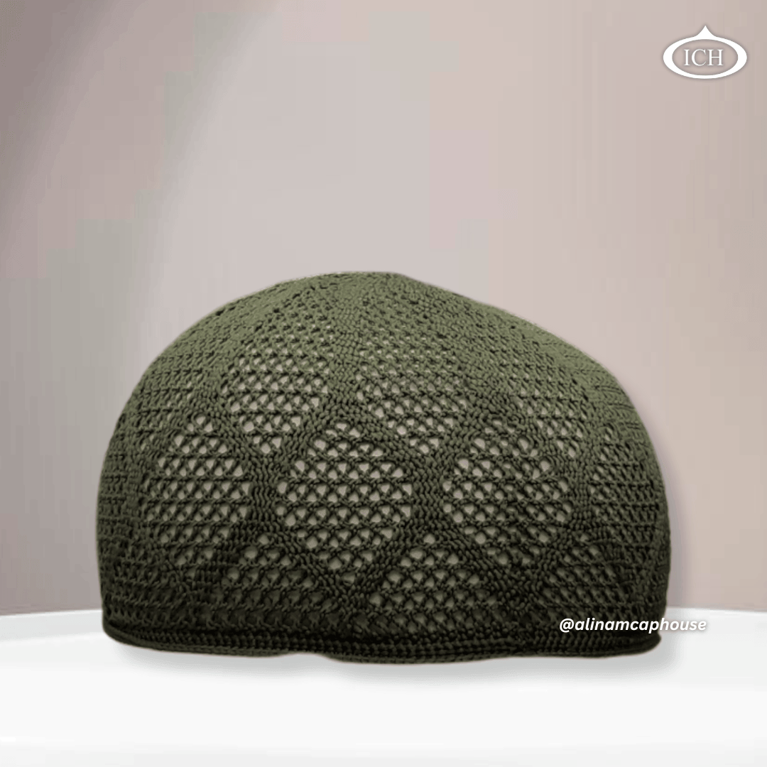 N05 green, Islamic prayer cap, front view, soft breathable fabric, subtle texture, AL INAM CAP HOUSE
