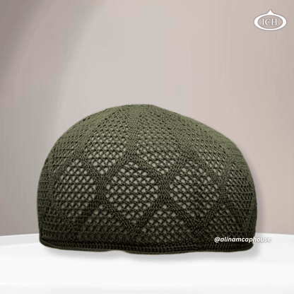N05 green, Islamic prayer cap, front view, soft breathable fabric, subtle texture, AL INAM CAP HOUSE