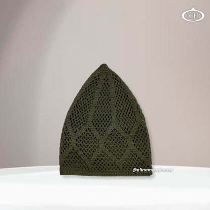N05 green, Islamic prayer cap, side view, snug fit, handcrafted detail, AL INAM CAP HOUSE
