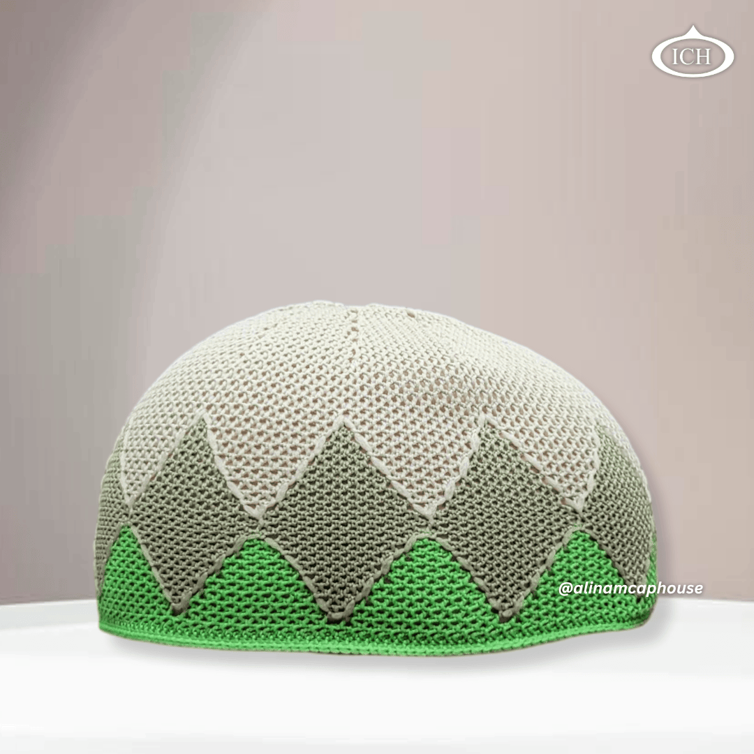 N12 green Turkish knitted cap, Islamic prayer cap, front view, soft breathable fabric, textured knit design, AL INAM CAP HOUSE