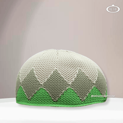 N12 green Turkish knitted cap, Islamic prayer cap, front view, soft breathable fabric, textured knit design, AL INAM CAP HOUSE