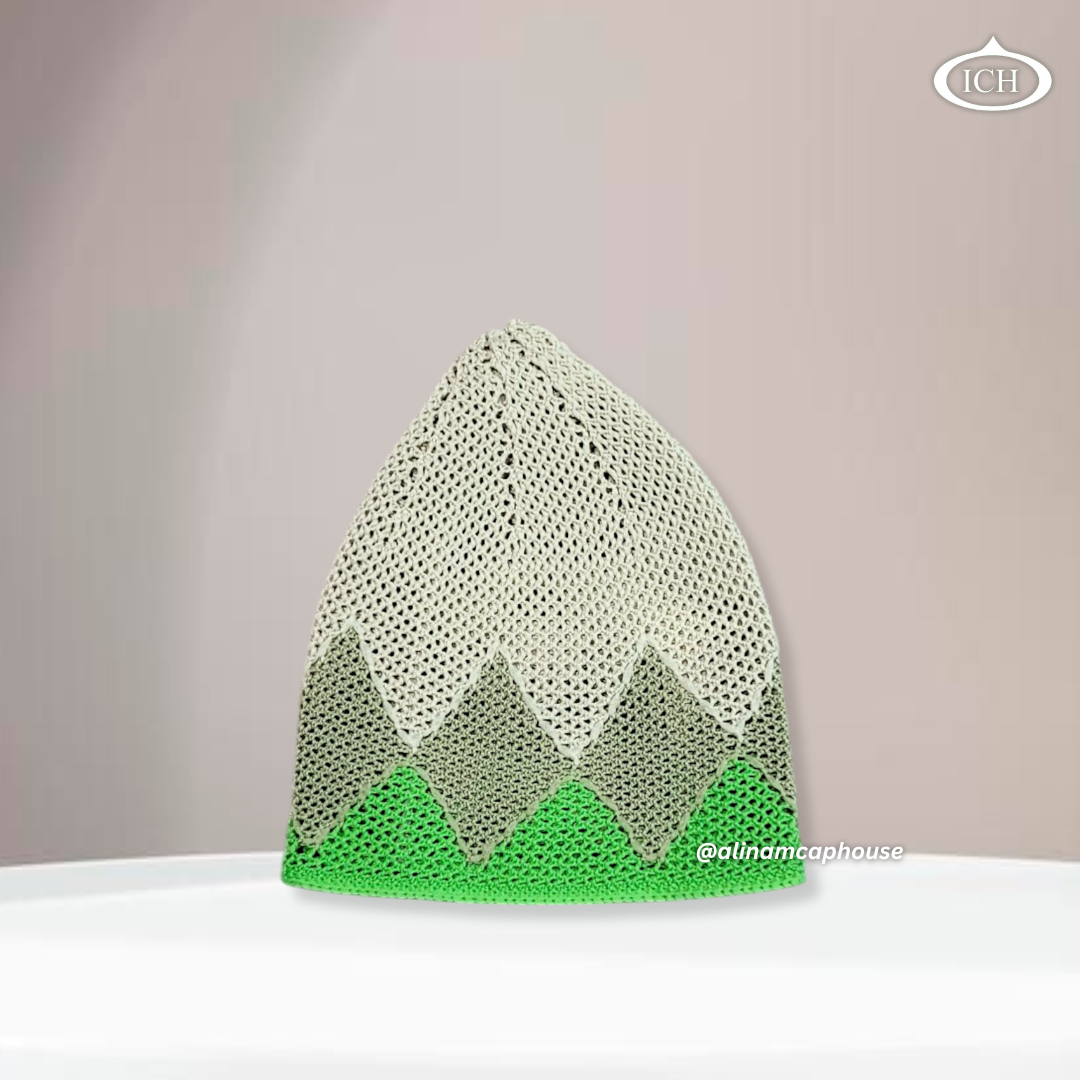 N12 green Turkish knitted cap, Islamic prayer cap, side view, snug fit, fine detailing, AL INAM CAP HOUSE
