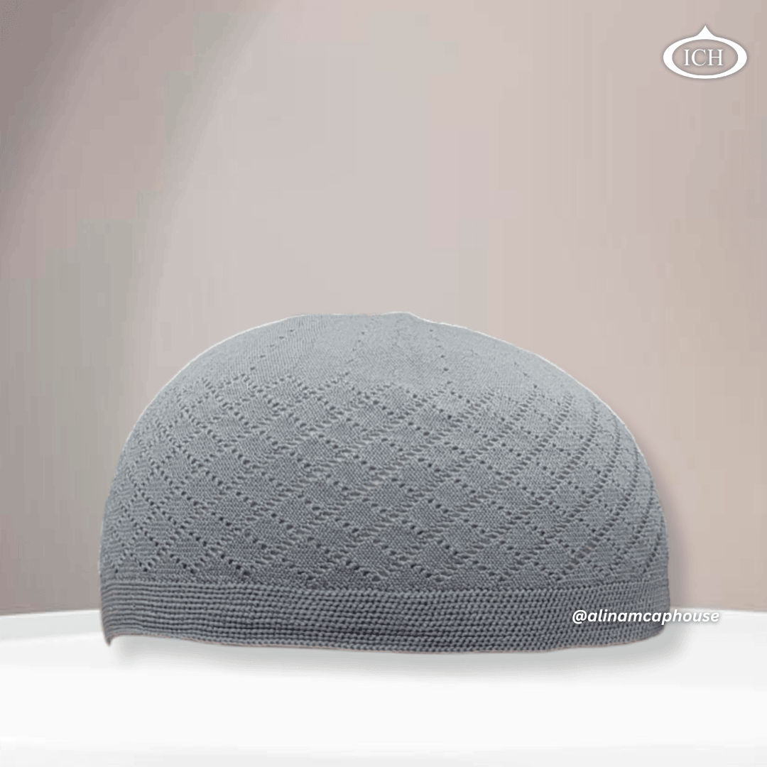 N06 grey, Islamic prayer cap, front view, soft breathable fabric, subtle texture, AL INAM CAP HOUSE