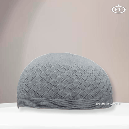 N06 grey, Islamic prayer cap, front view, soft breathable fabric, subtle texture, AL INAM CAP HOUSE