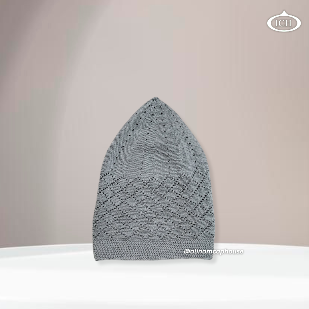 N06 grey, Islamic prayer cap, side view, snug fit, detailed craftsmanship, AL INAM CAP HOUSE
