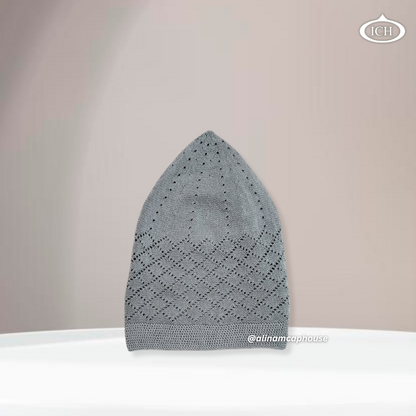 N06 grey, Islamic prayer cap, side view, snug fit, detailed craftsmanship, AL INAM CAP HOUSE