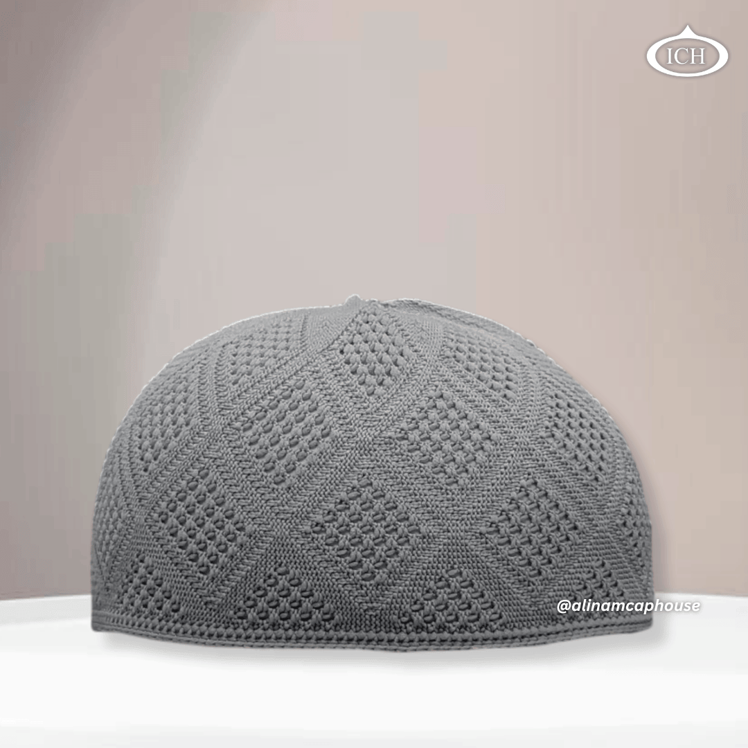 N11 grey Turkish knitted cap, Islamic prayer cap, front view, soft breathable fabric, subtle knit texture, AL INAM CAP HOUSE