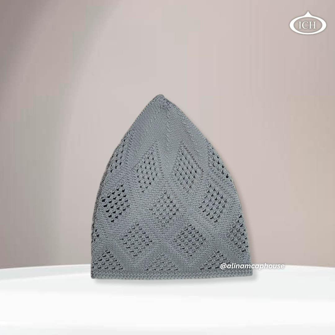 N11 grey Turkish knitted cap, Islamic prayer cap, side view, snug fit, handcrafted detail, AL INAM CAP HOUSE