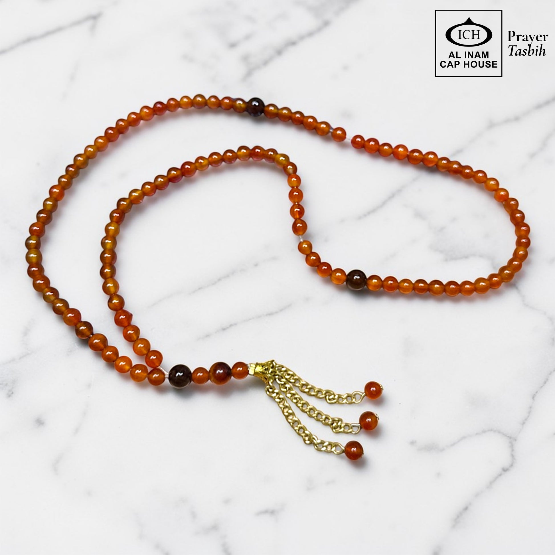 AL INAM CAP HOUSE amber and brown crystal prayer tasbih with gold chain tassel
