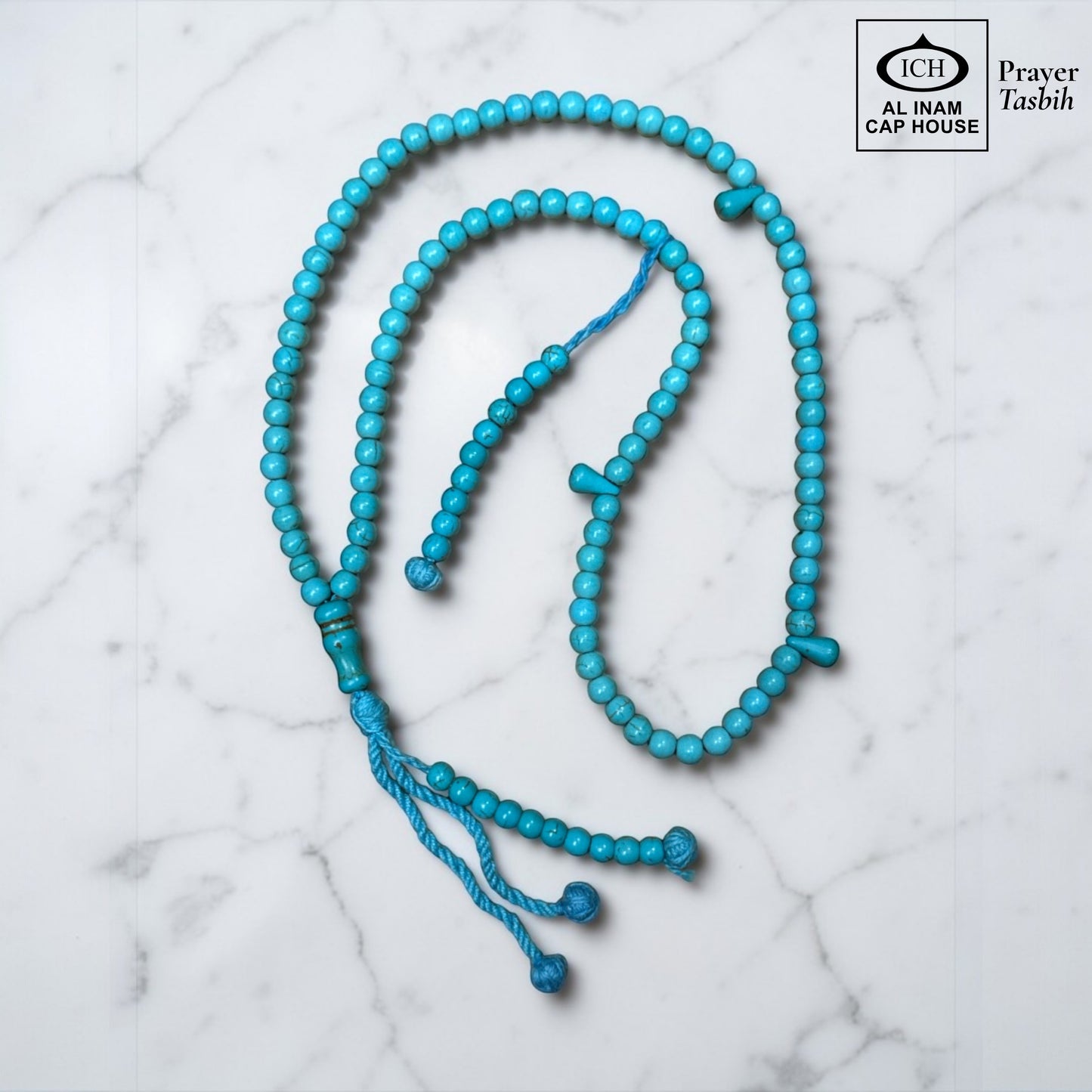AL INAM CAP HOUSE blue Firoza (Turquoise) prayer beads tasbih with metallic tassel, ideal for Islamic dhikr and duas.