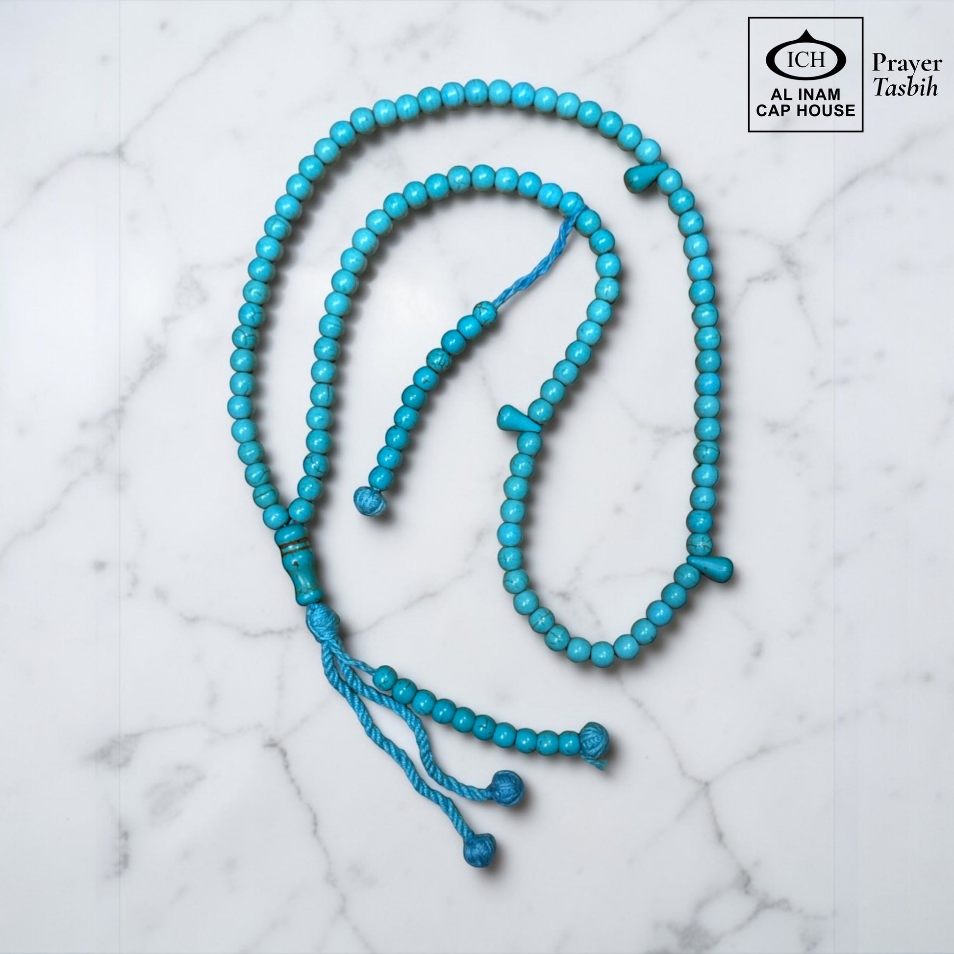 AL INAM CAP HOUSE blue Firoza (Turquoise) prayer beads tasbih with metallic tassel, ideal for Islamic dhikr and duas.