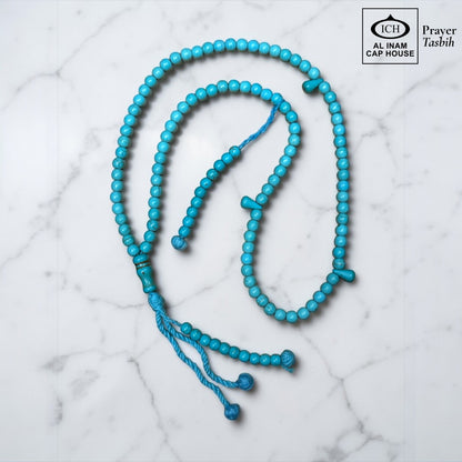 AL INAM CAP HOUSE blue Firoza (Turquoise) prayer beads tasbih with metallic tassel, ideal for Islamic dhikr and duas.