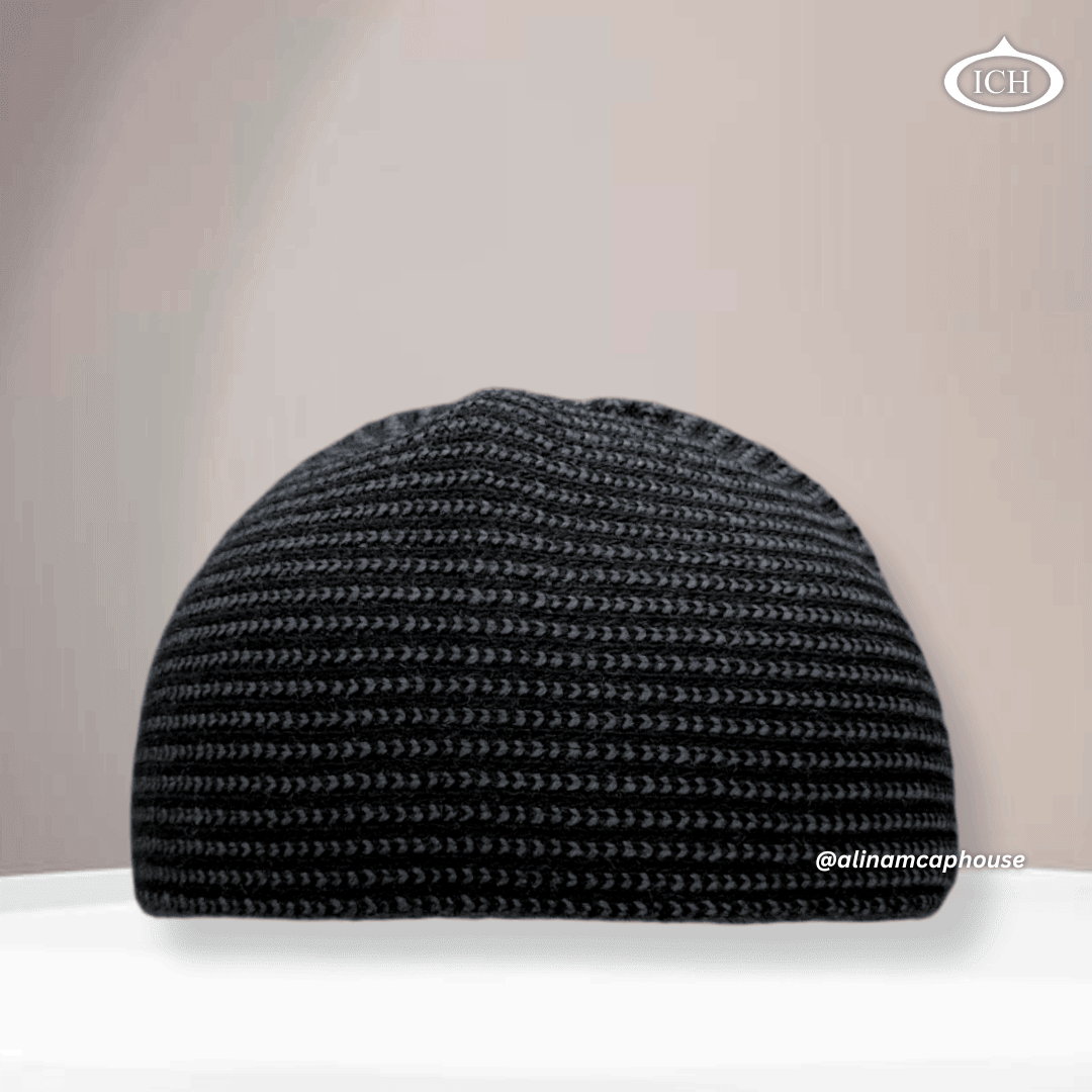 Black ICH Muslim prayer cap, knitted style, front view, soft knit fabric, elegant design, AL INAM CAP HOUSE