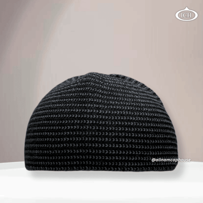 Black ICH Muslim prayer cap, knitted style, front view, soft knit fabric, elegant design, AL INAM CAP HOUSE