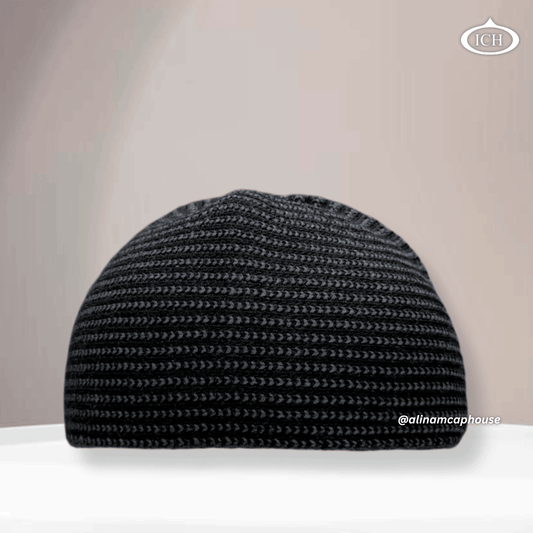 Black ICH Muslim prayer cap, knitted style, front view, soft knit fabric, elegant design, AL INAM CAP HOUSE