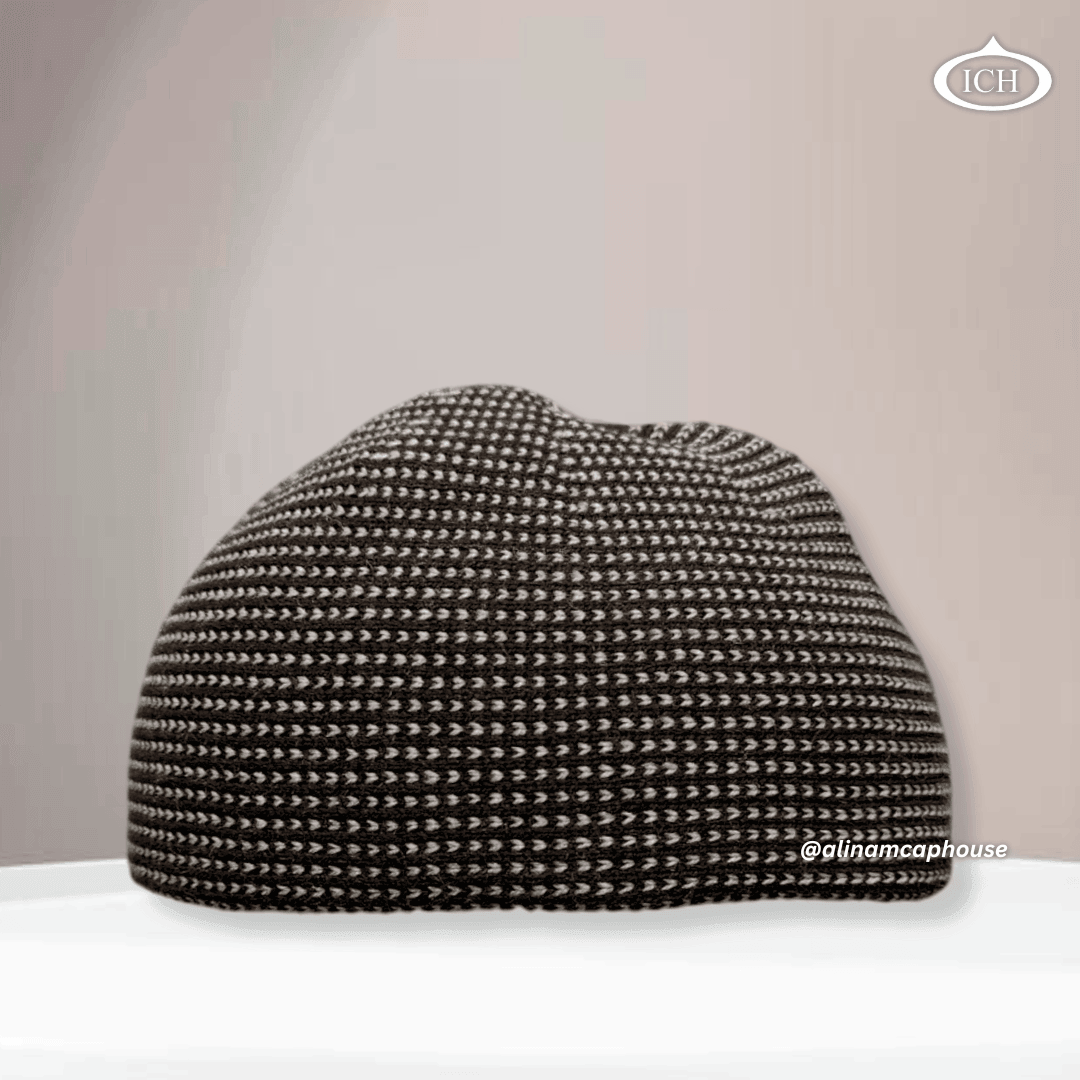 Brown ICH Muslim prayer cap, knitted style, front view, warm earth tone knit, classic design, AL INAM CAP HOUSE