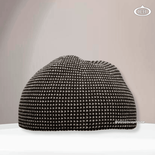 Brown ICH Muslim prayer cap, knitted style, front view, warm earth tone knit, classic design, AL INAM CAP HOUSE