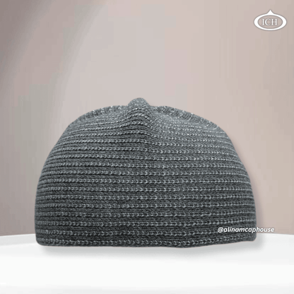 Grey ICH Muslim prayer cap, knitted style, front view, neutral tone knit, subtle texture, AL INAM CAP HOUSE