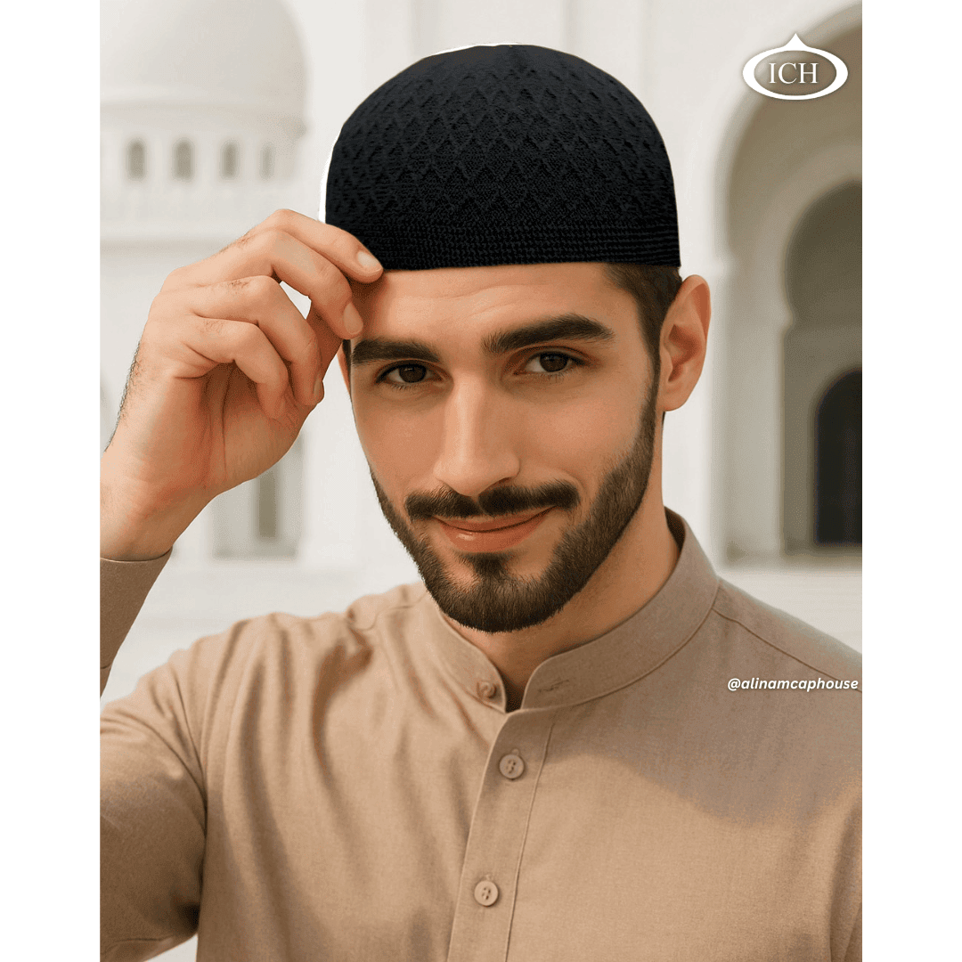 ICH Turkish knitted cap black, Islamic prayer cap, angled view on model, elegant textured design, comfortable fit, AL INAM CAP HOUSE